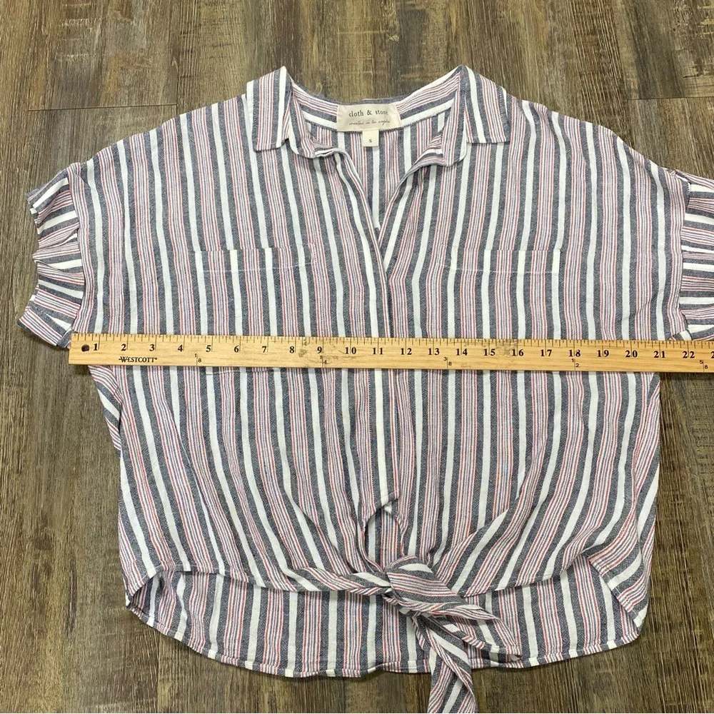 Cloth And Stone Striped Button-Up Tie-Front Top Rayon Linen Blend‎